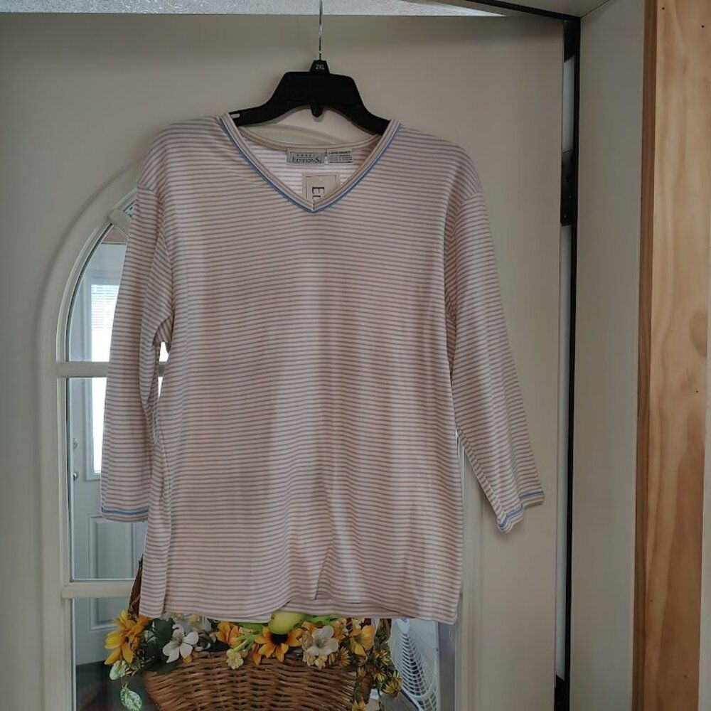 New Basic Editions Tan Striped 3/4 Sleeve Piped V-Neck Top Size Women's L